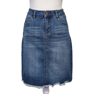 1822 Denim Jean Skirt High Waist Women's 8 Raw Hem Medium Blue Whiskering